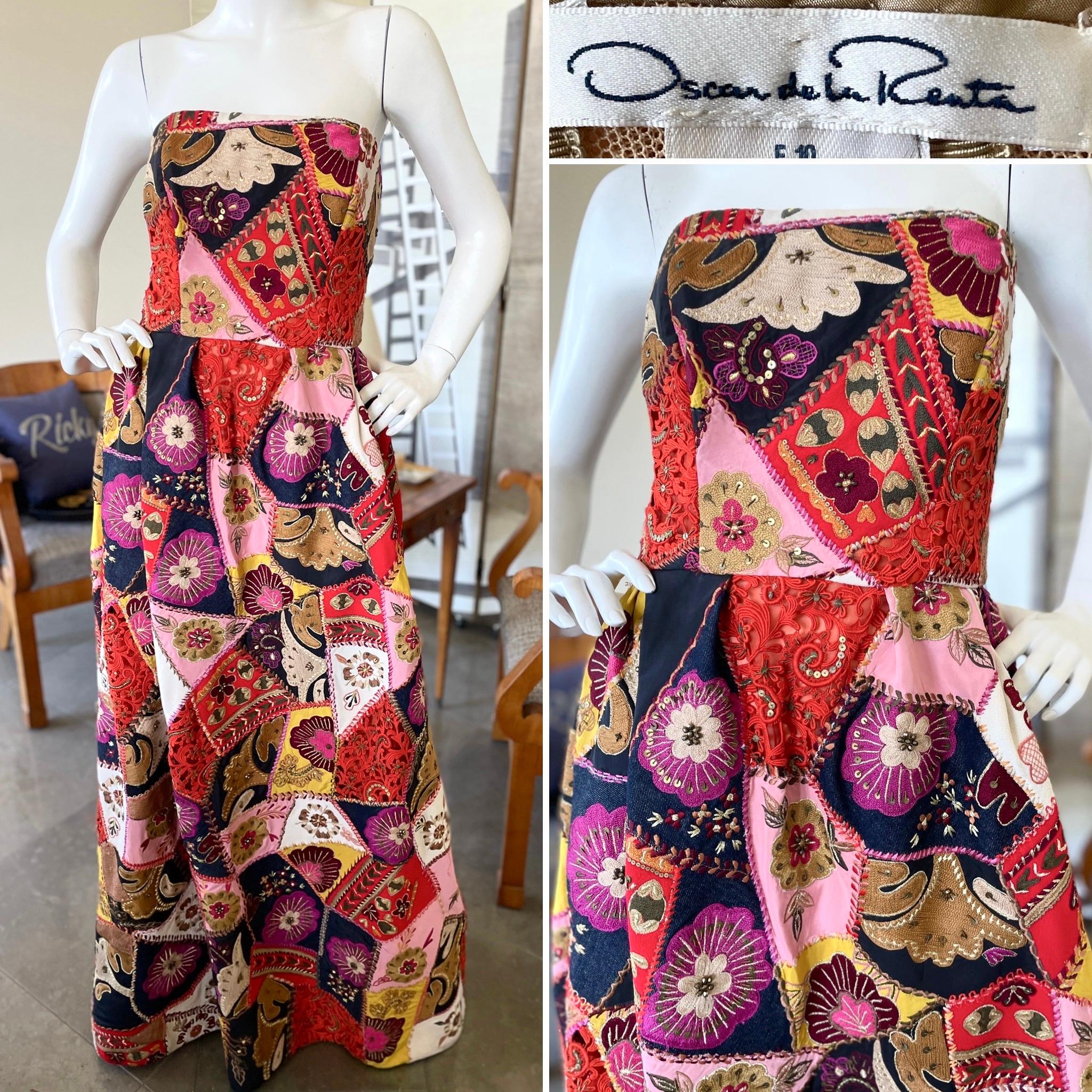 Oscar de la Renta Vintage Strapless Folkloric Patchwork Evening Dress For Sale 5