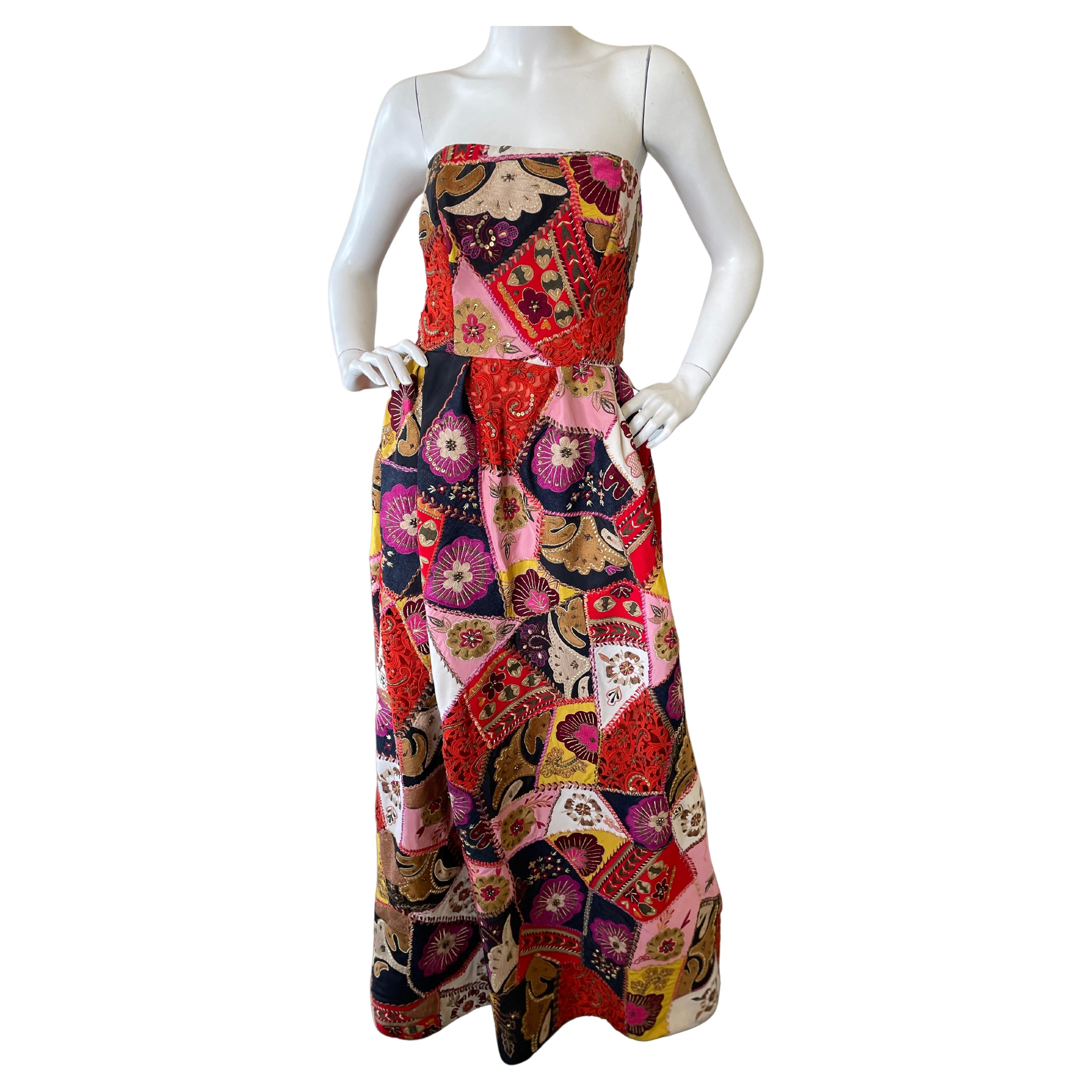 Oscar de la Renta Vintage Strapless Folkloric Patchwork Evening Dress For Sale