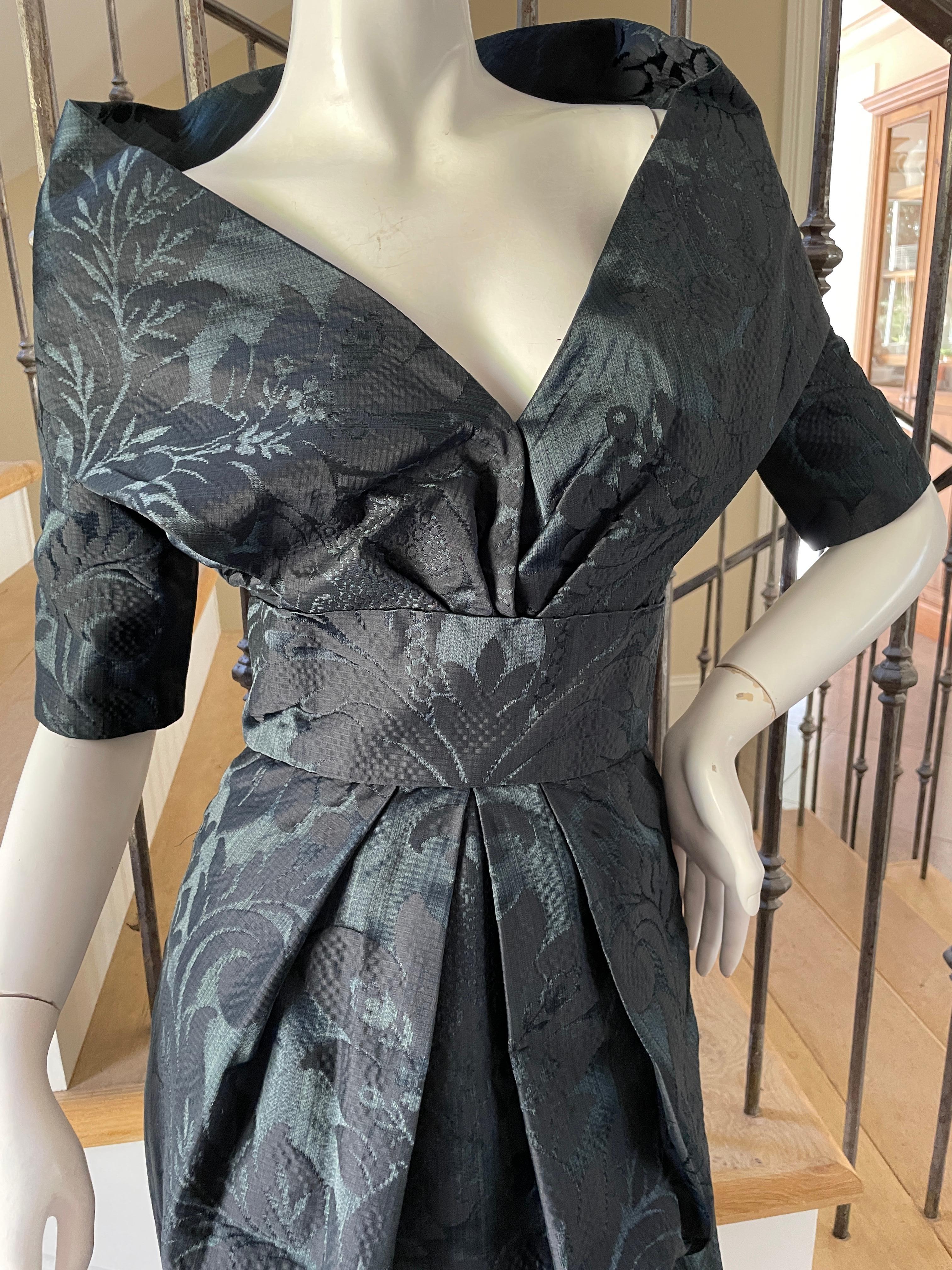 Oscar de la Renta Vintage Teal & Black Jacquard Cocktail Dress w Portrait Collar In Excellent Condition For Sale In Cloverdale, CA
