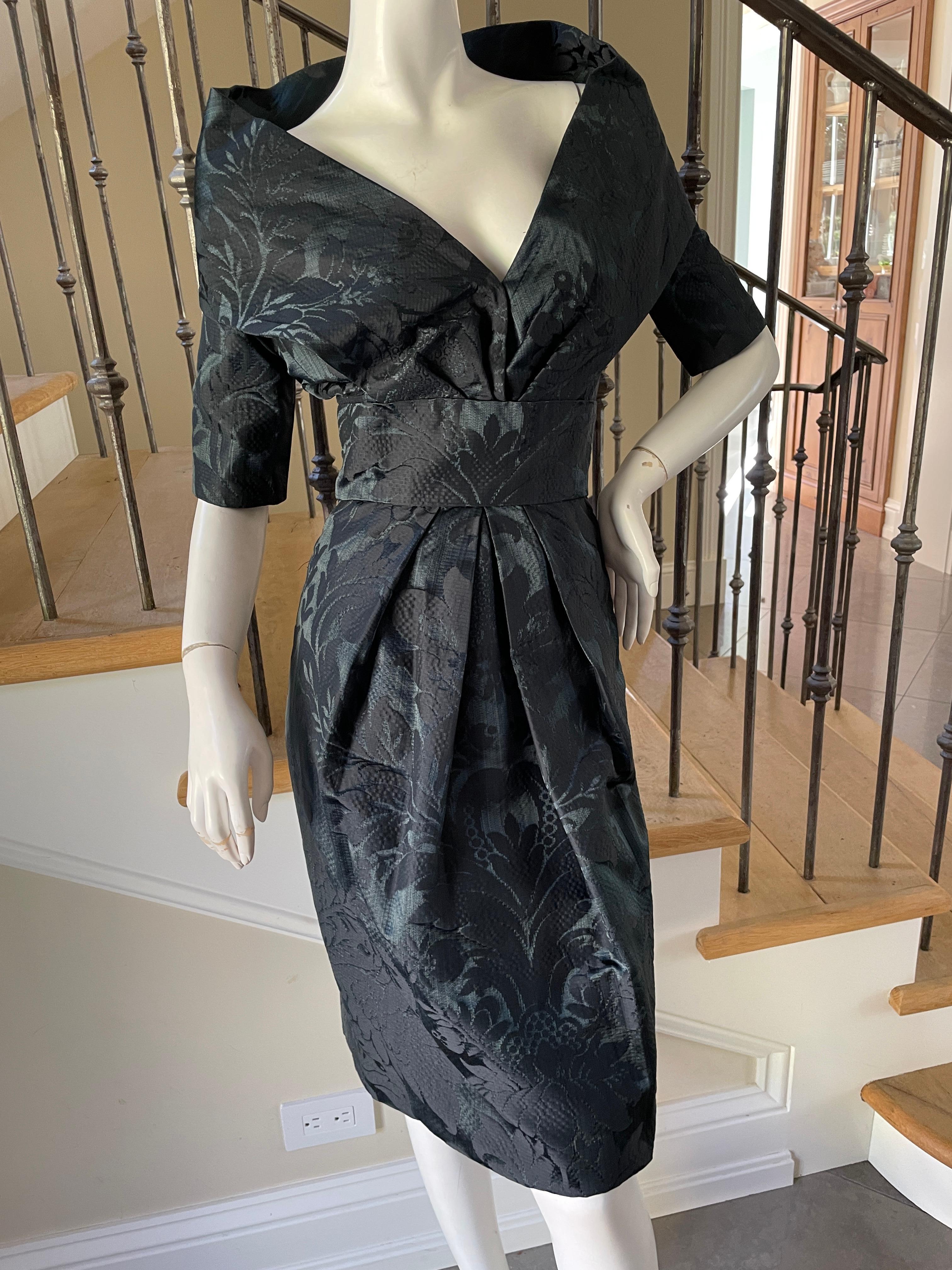 Women's Oscar de la Renta Vintage Teal & Black Jacquard Cocktail Dress w Portrait Collar For Sale