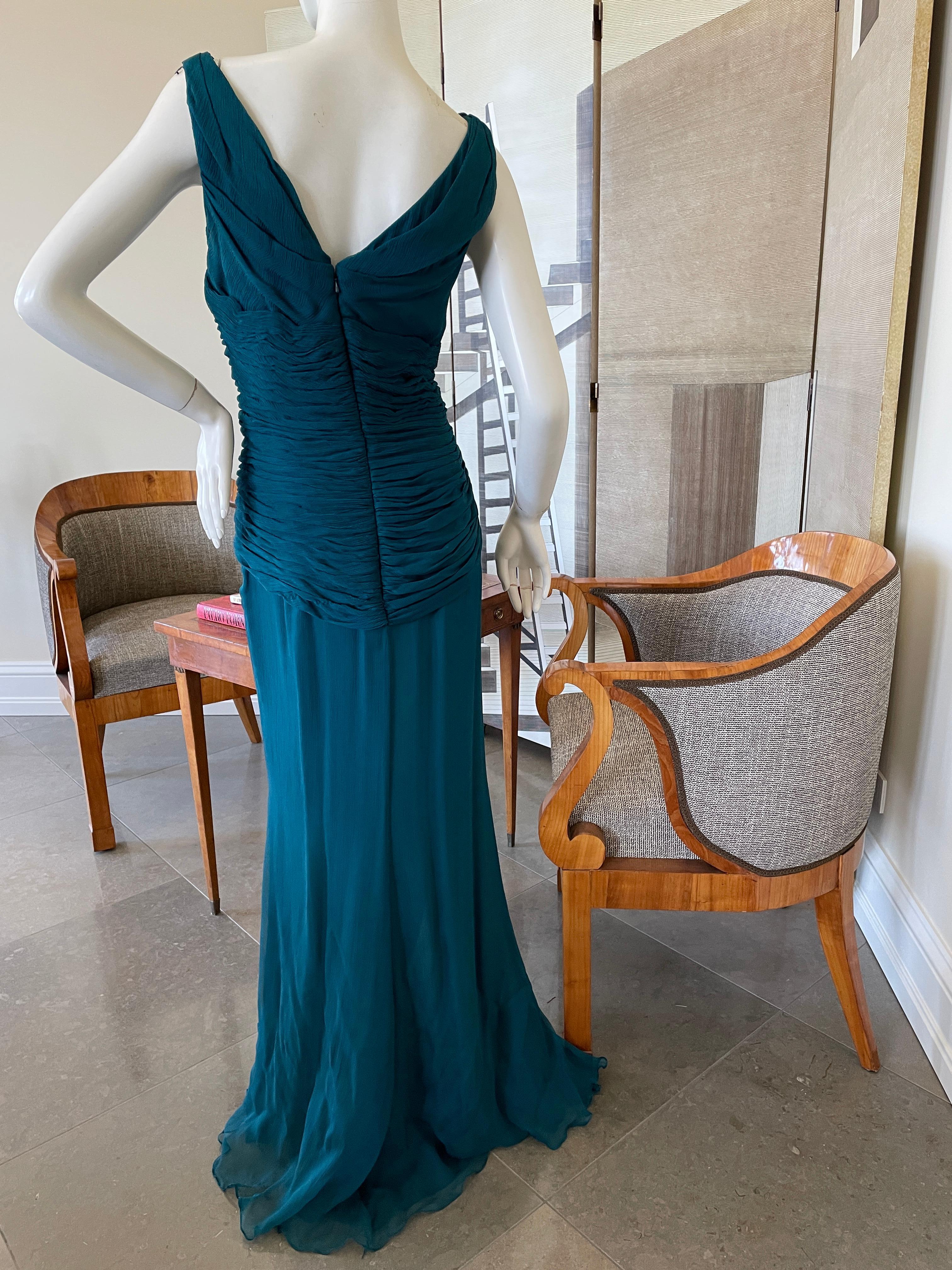 Oscar de la Renta Vintage Teal Blue Silk Shirred Evening Dress For Sale 5
