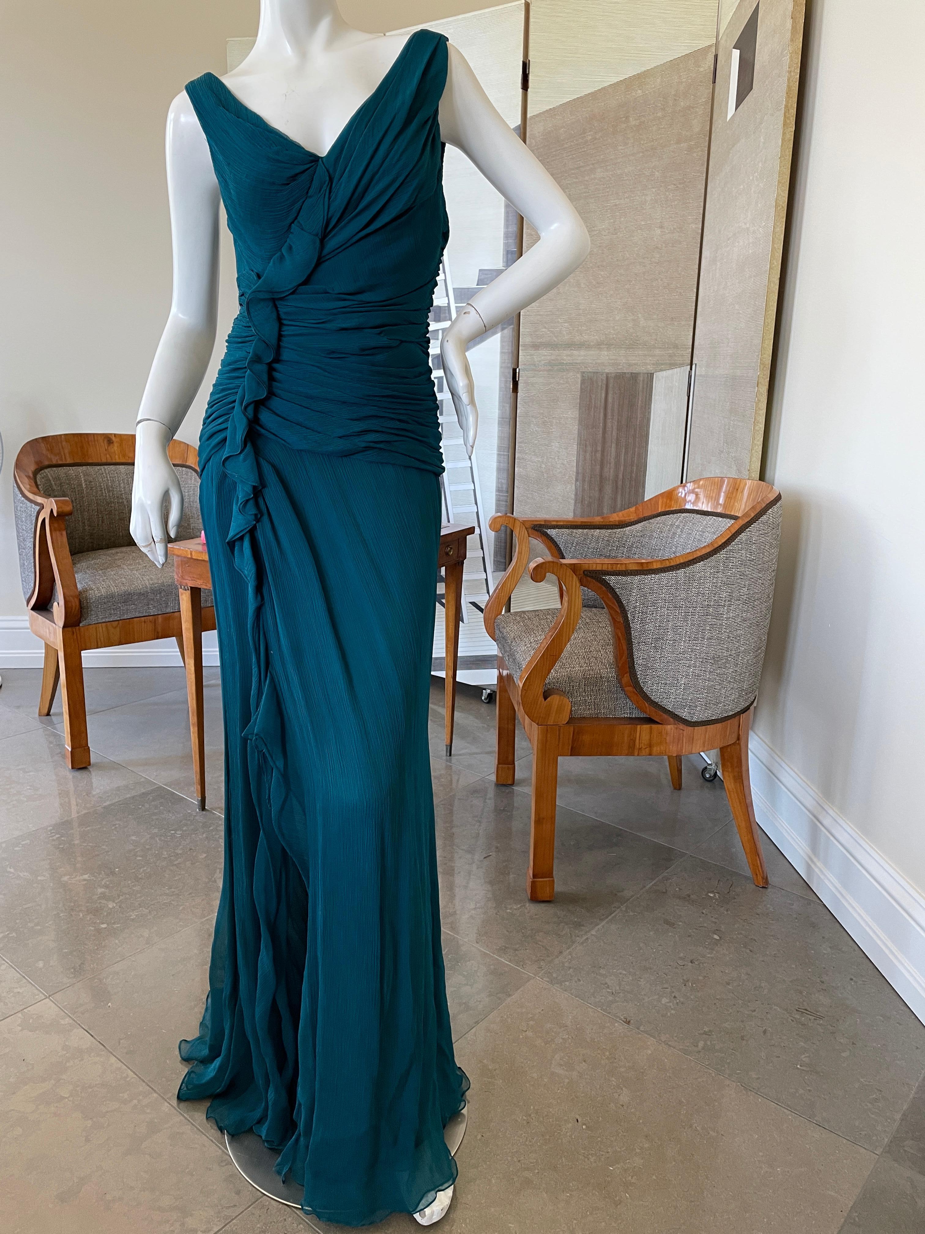 Oscar de la Renta Vintage Teal Blue Silk Shirred Evening Dress In Good Condition For Sale In Cloverdale, CA