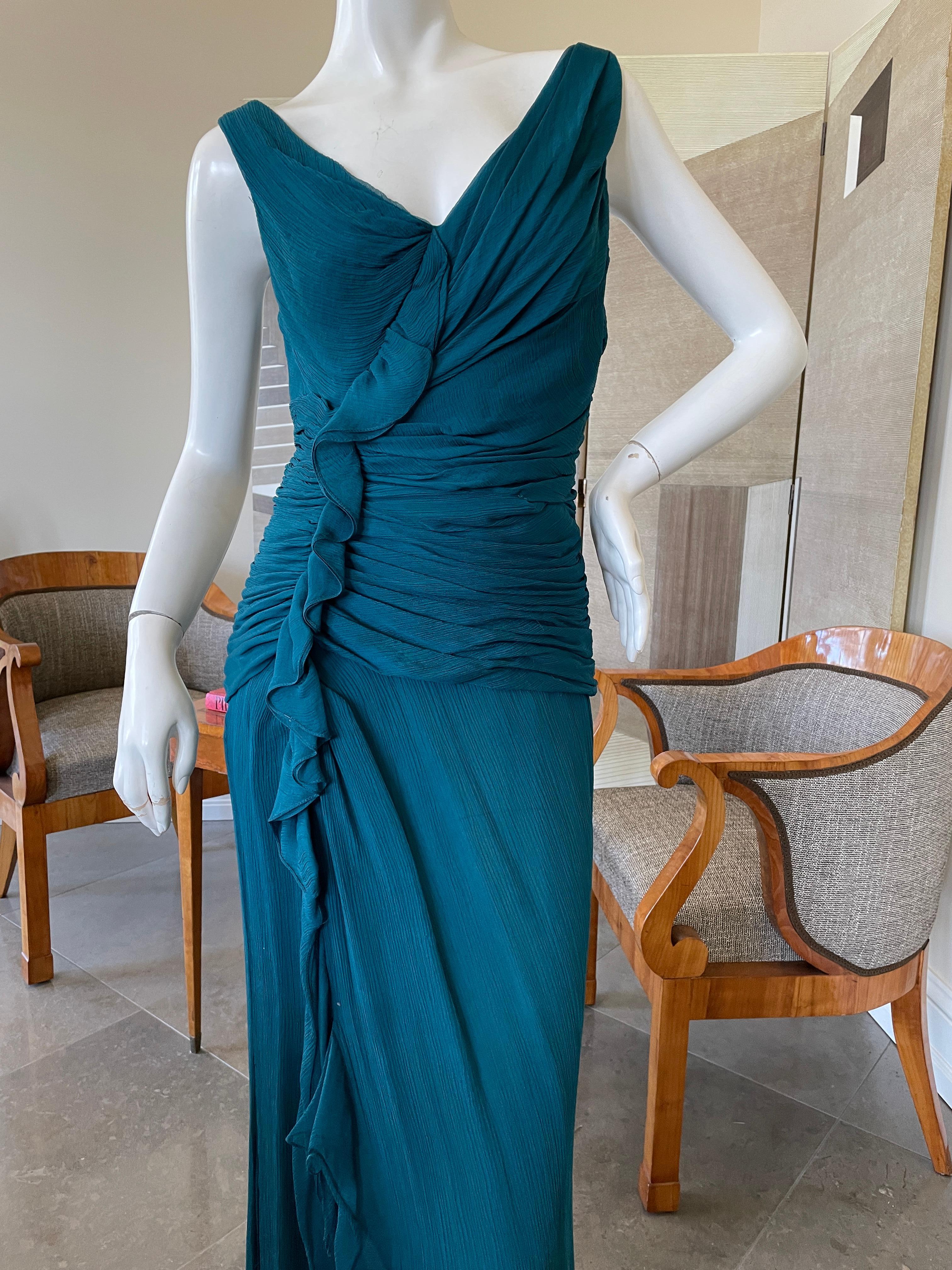 Women's Oscar de la Renta Vintage Teal Blue Silk Shirred Evening Dress For Sale