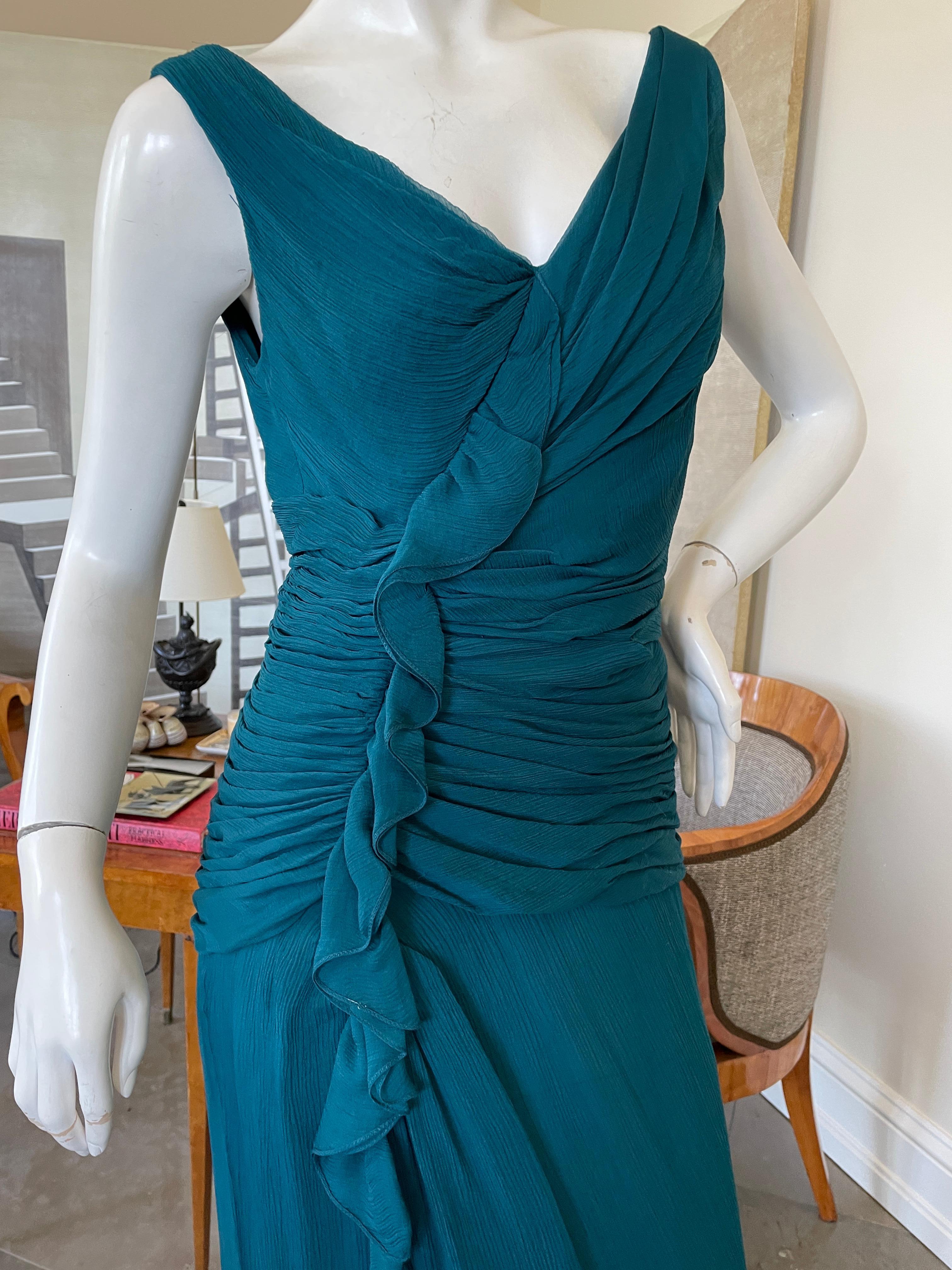 Oscar de la Renta Vintage Teal Blue Silk Shirred Evening Dress For Sale 1