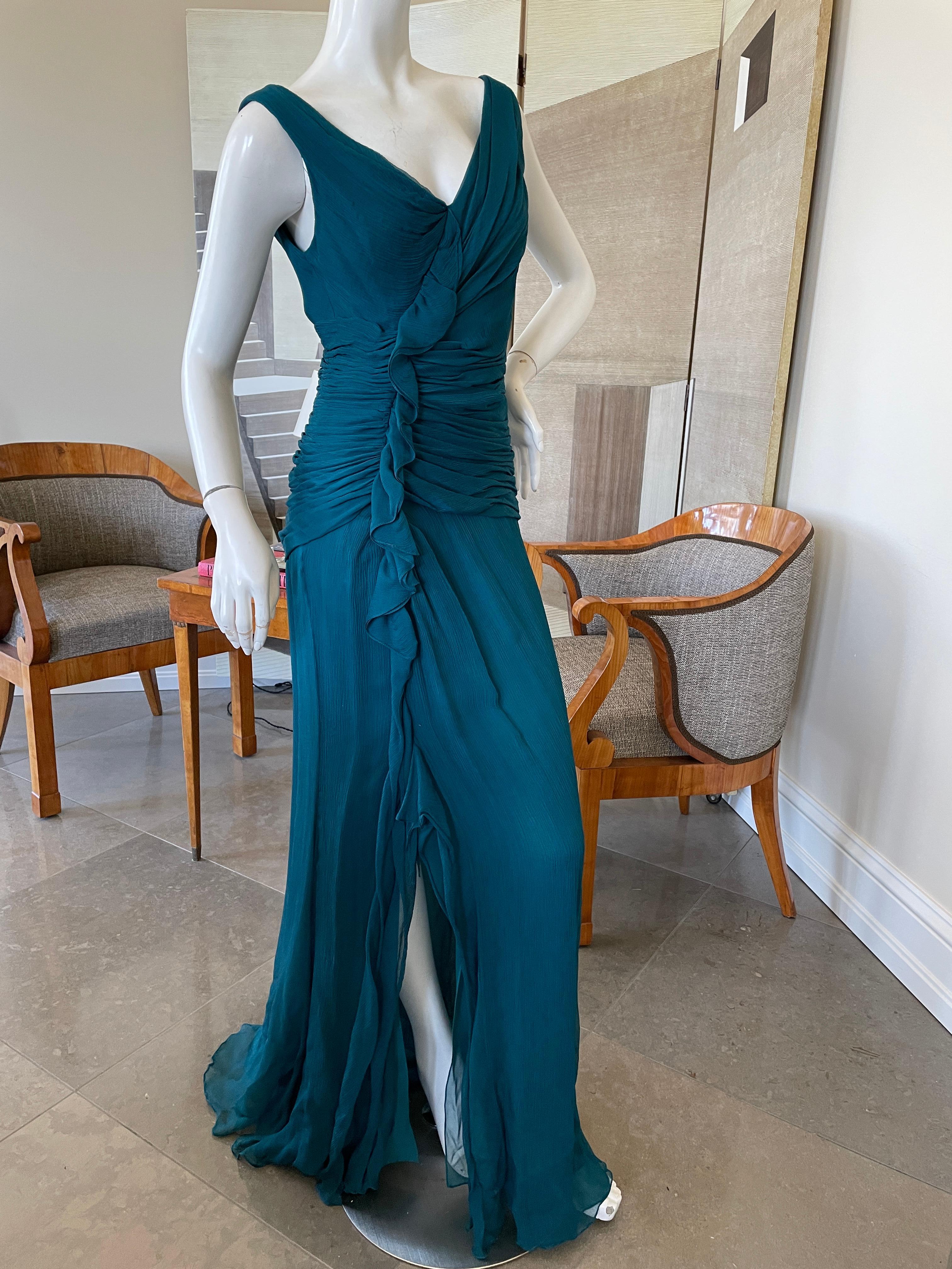 Oscar de la Renta Vintage Teal Blue Silk Shirred Evening Dress For Sale 2