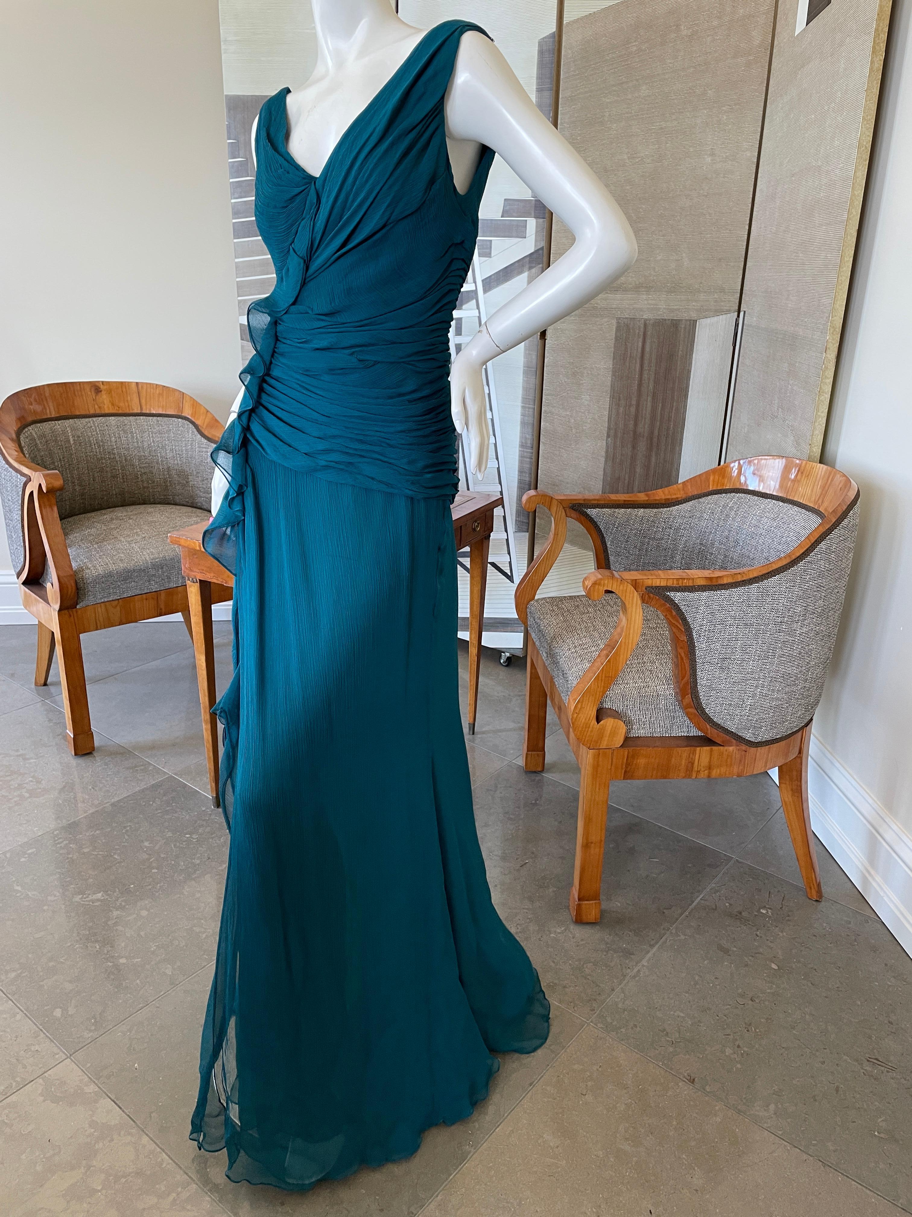 Oscar de la Renta Vintage Teal Blue Silk Shirred Evening Dress For Sale 3