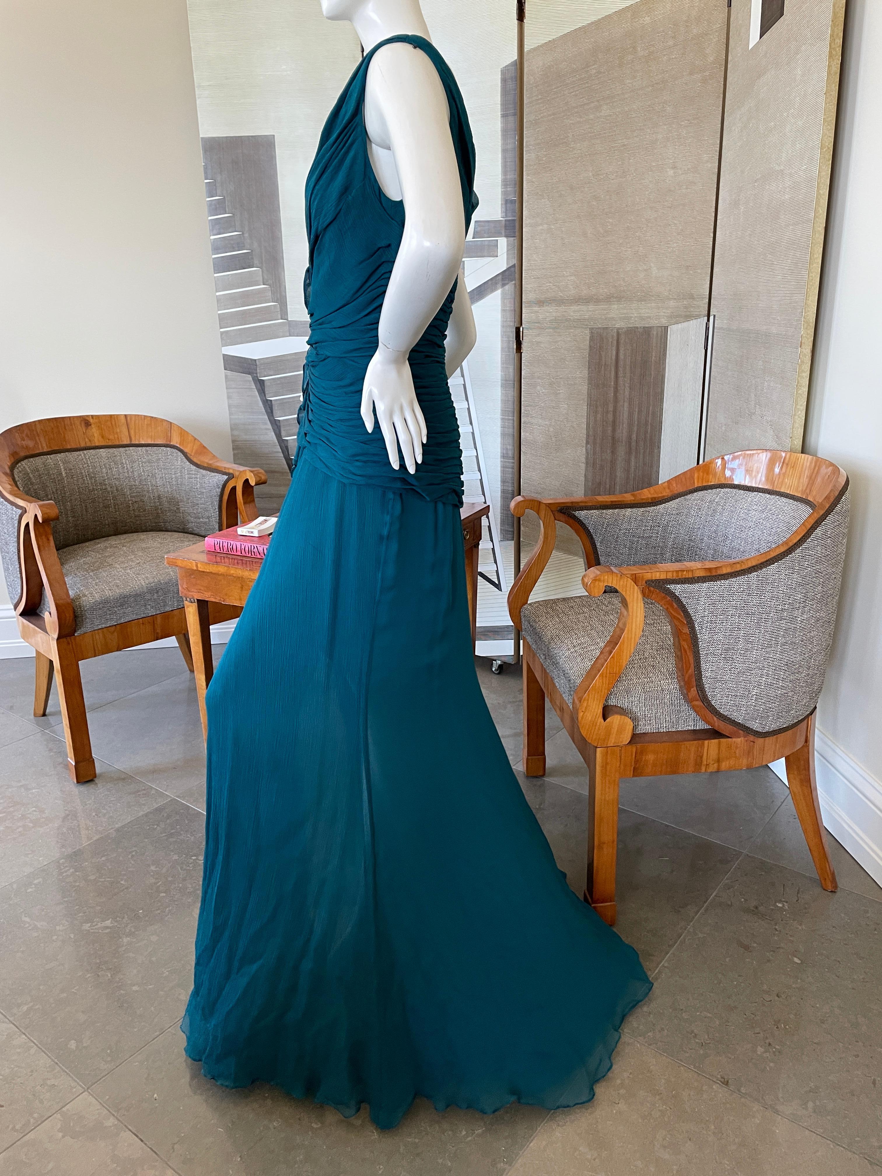 Oscar de la Renta Vintage Teal Blue Silk Shirred Evening Dress For Sale 4