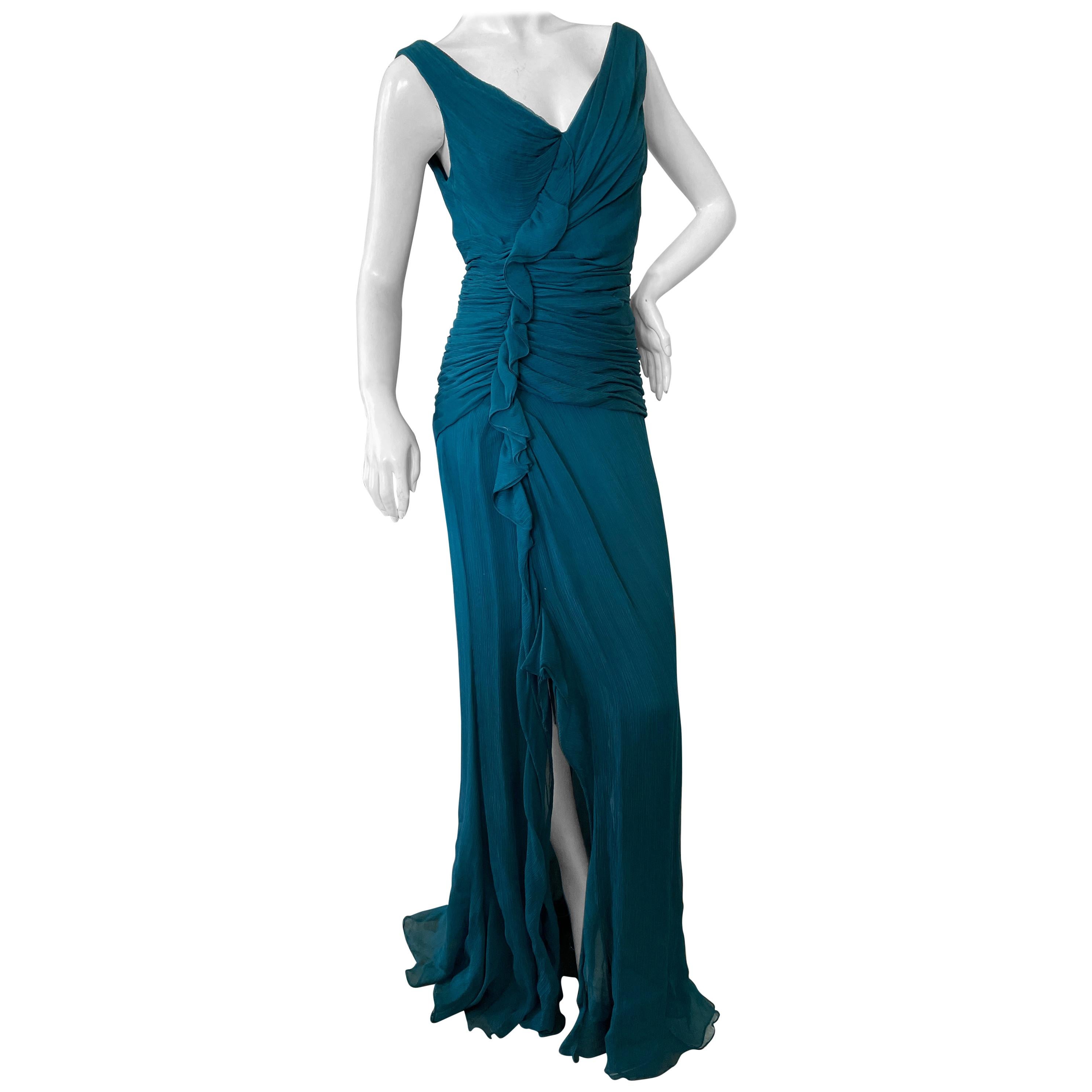 Oscar de la Renta Vintage Teal Blue Silk Shirred Evening Dress For Sale