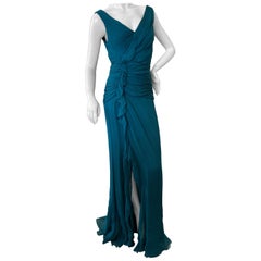 Oscar de la Renta Vintage Teal Blue Silk Shirred Evening Dress