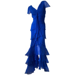 Oscar de la Renta Vintage Tiered Cobalt Blue Silk Evening Dress