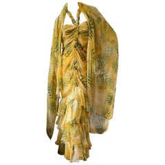 Oscar de la Renta Vintage Yellow Ruffled Evening Dress with Matching Shawl