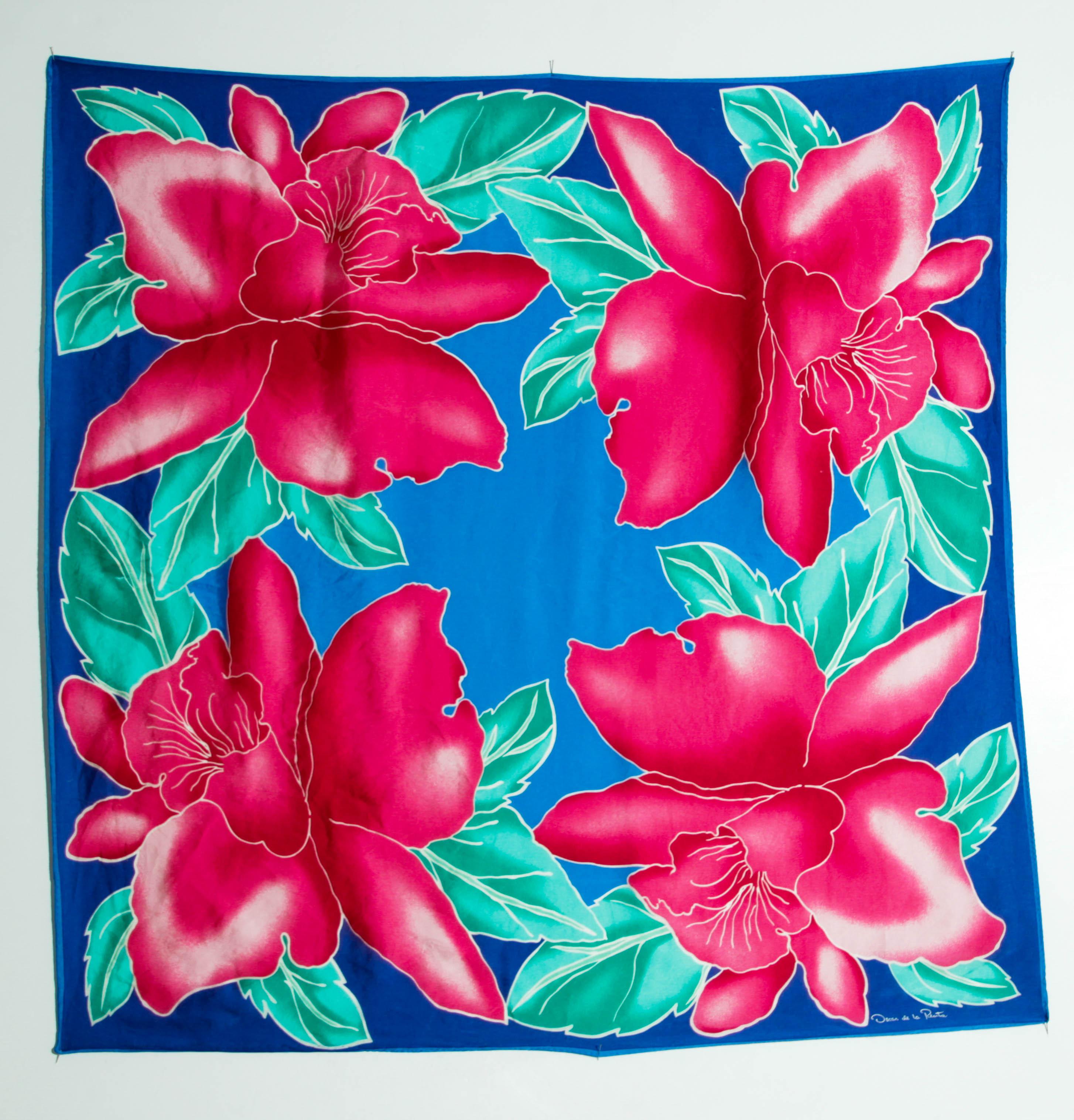 Oscar De La Renta Vivid Floral Tropical Silk Scarf For Sale 11
