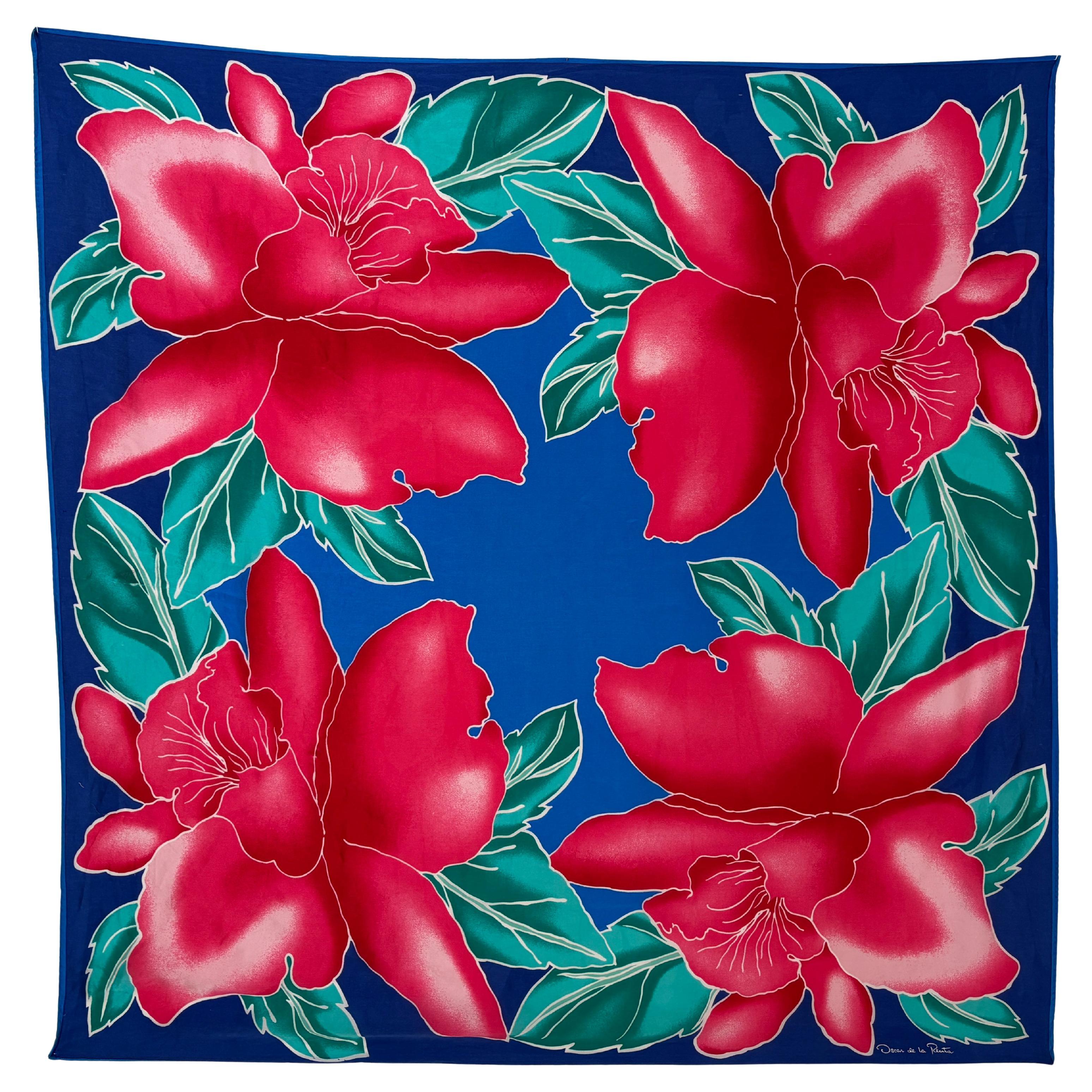 Oscar De La Renta Vivid Floral Tropical Silk Scarf For Sale