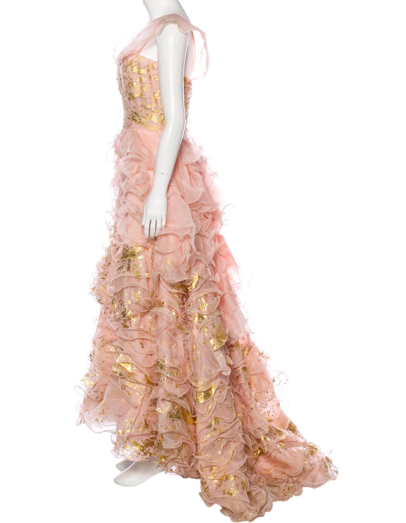 Oscar De La Renta Vogue Museum Runway S/S 2011 Silk Gold Leaf Painted Dress US 6 For Sale 10