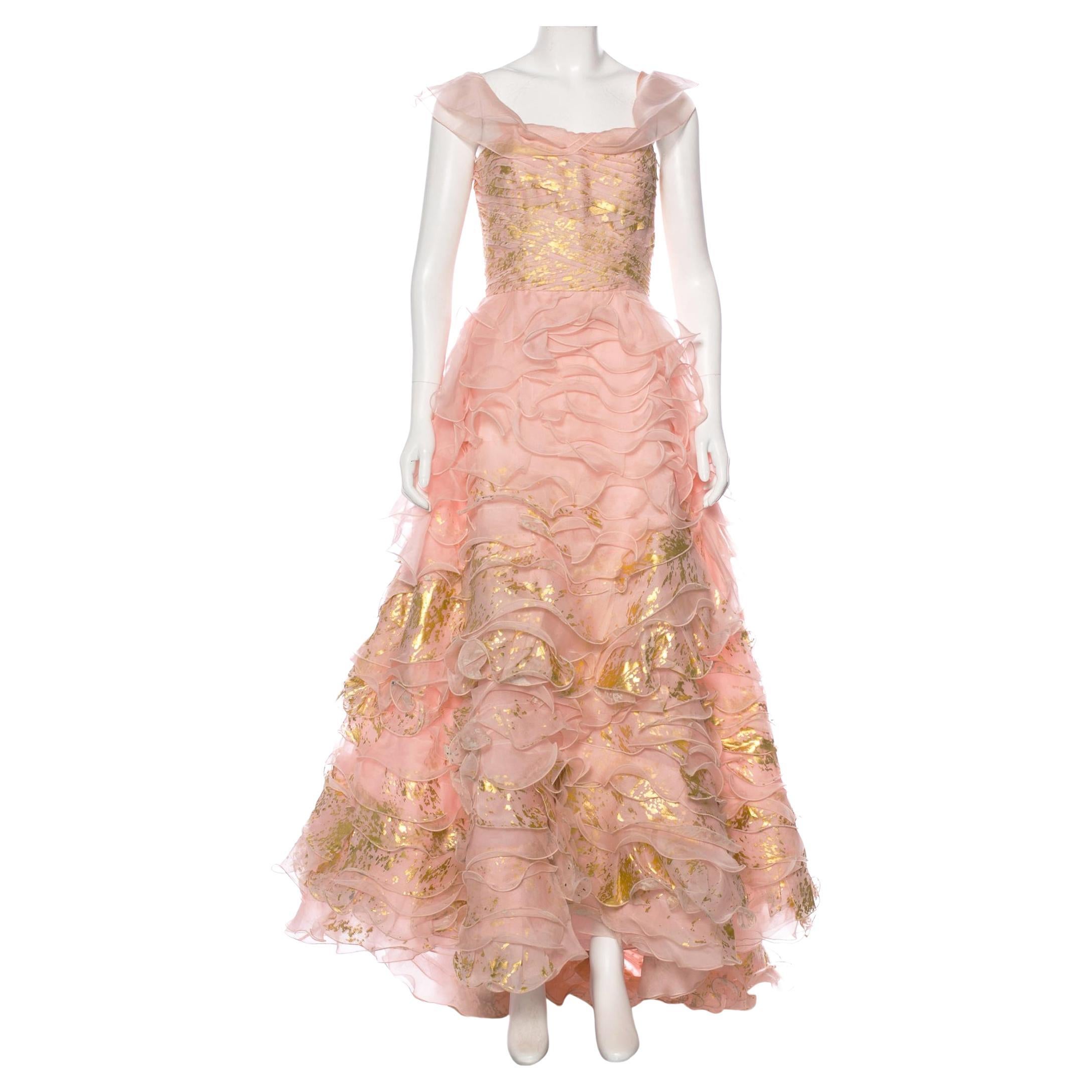 Oscar De La Renta Vogue Museum Runway S/S 2011 Silk Gold Leaf Painted Dress US 6 For Sale