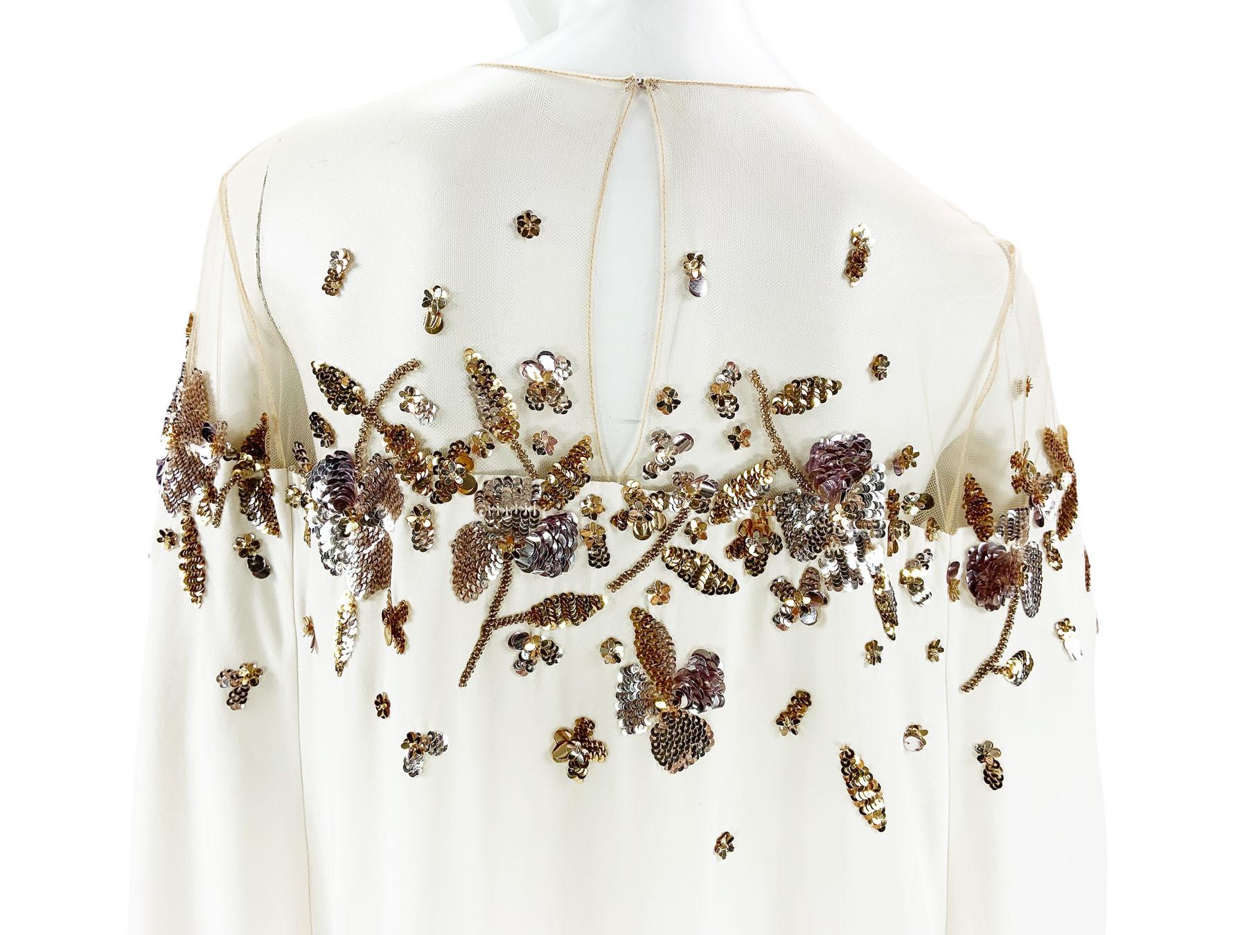 Oscar de la Renta Wedding White Silk Dress Cape Sequin Embroidered XS - Oversize For Sale 5