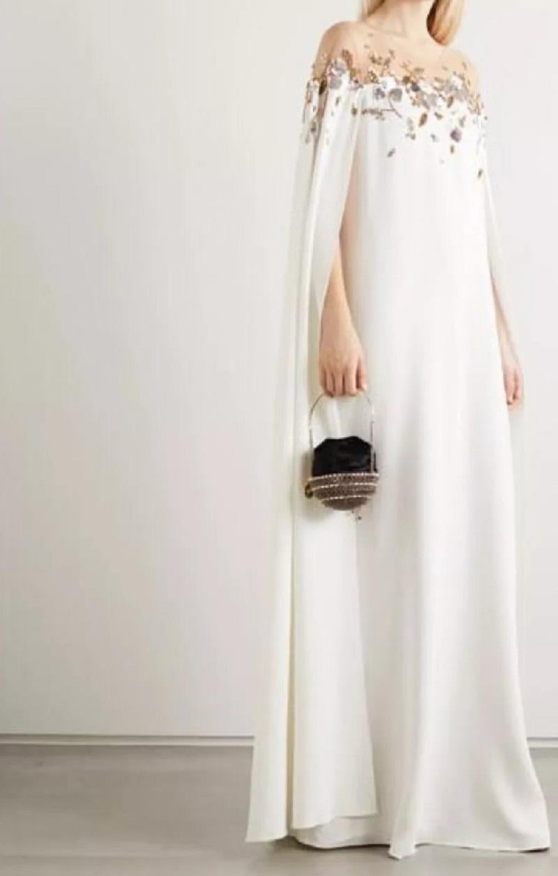 Oscar de la Renta Wedding White Silk Dress Cape Sequin Embroidered XS - Oversize For Sale 7