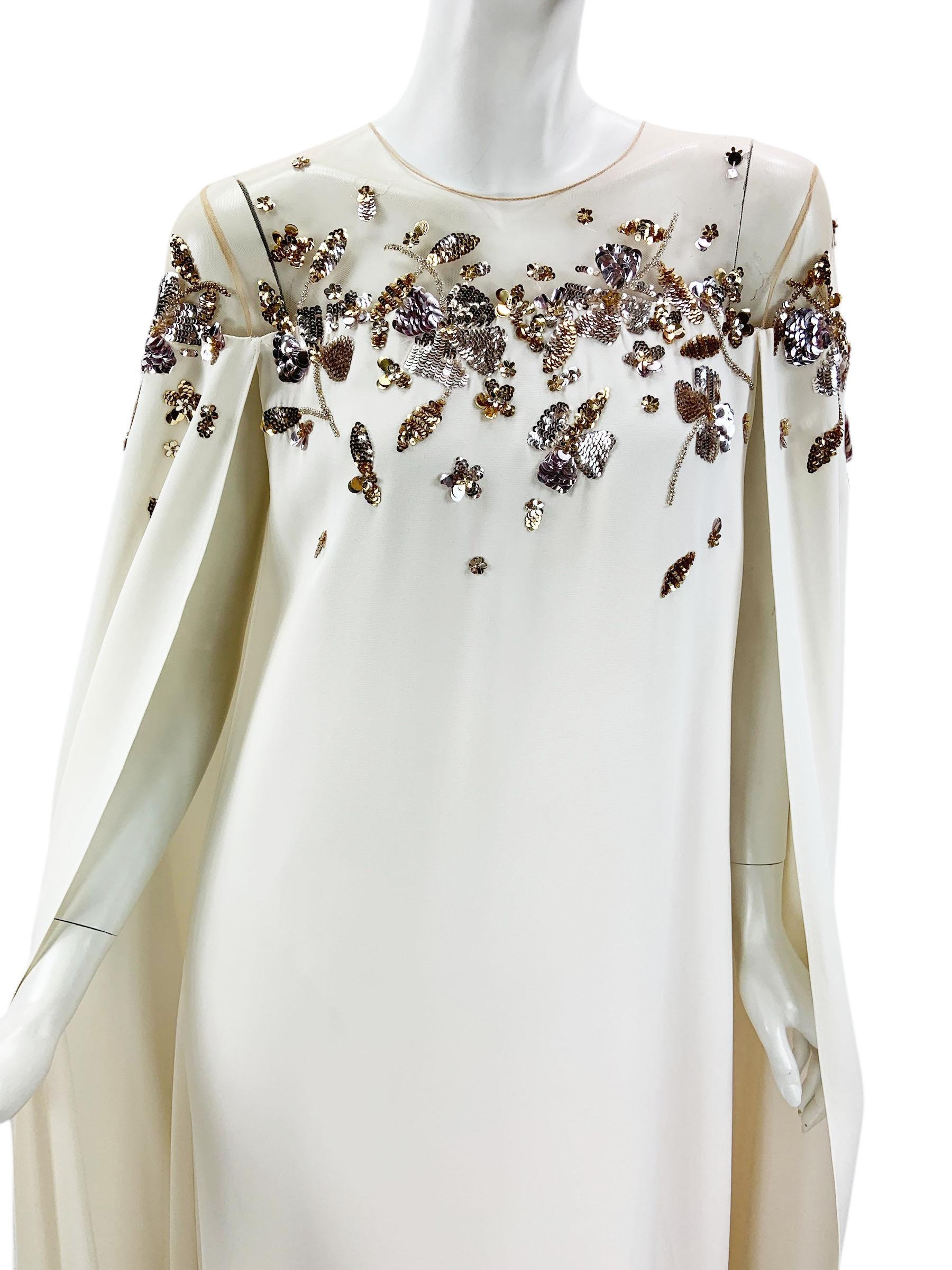 Oscar de la Renta Wedding White Silk Dress Cape Sequin Embroidered XS - Oversize For Sale 1