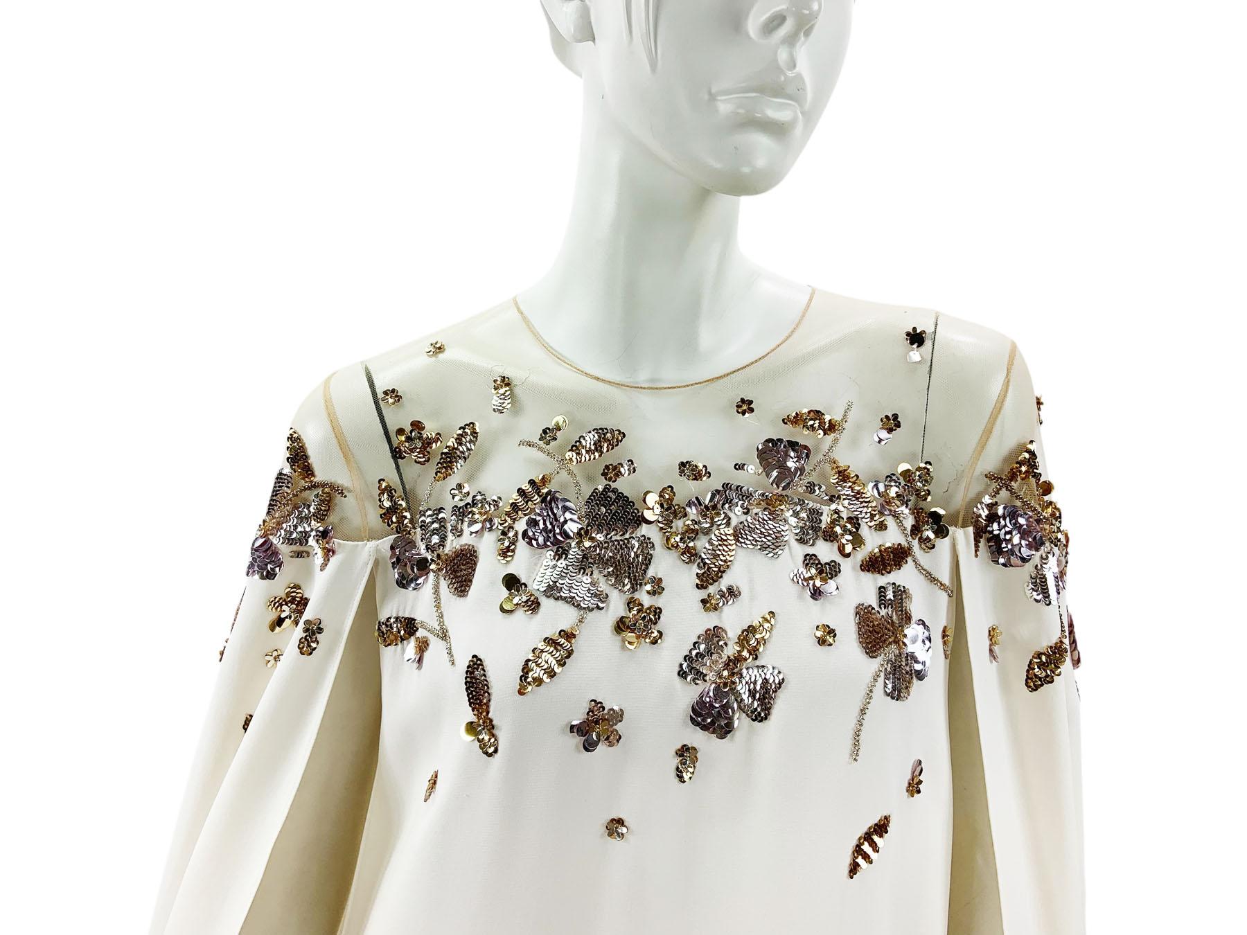 Oscar de la Renta Wedding White Silk Dress Cape Sequin Embroidered XS - Oversize For Sale 2