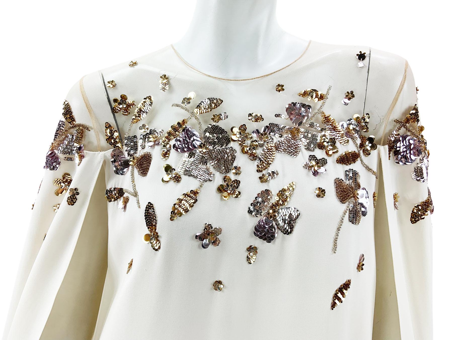 Oscar de la Renta Wedding White Silk Dress Cape Sequin Embroidered XS - Oversize For Sale 3