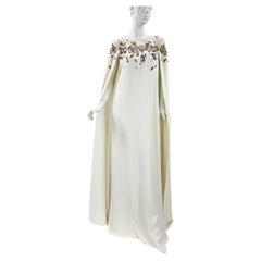 Oscar De La Renta Boda Vestido Seda Blanco Capa Lentejuelas Bordado XS - Oversize
