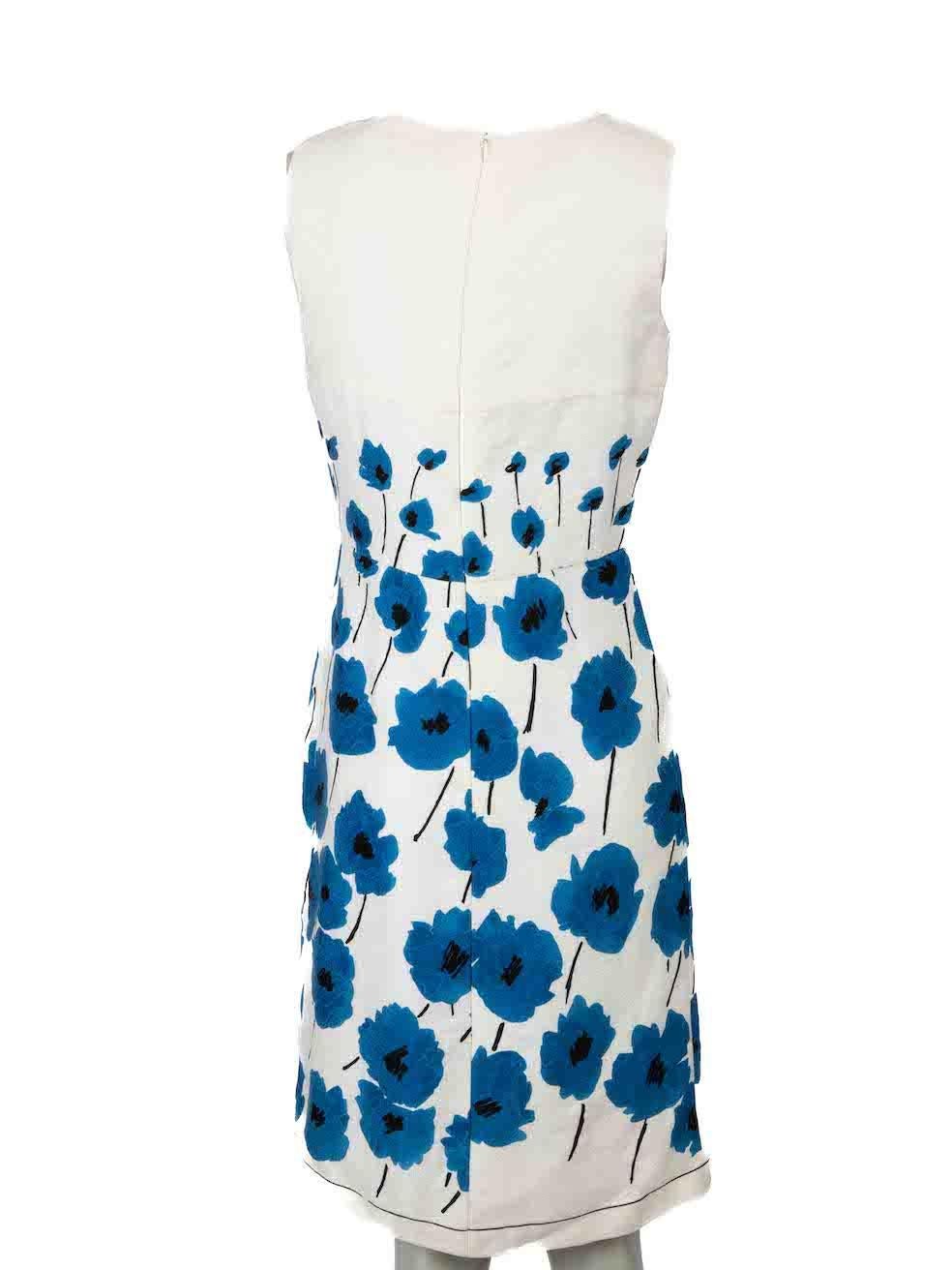 Oscar de la Renta White & Blue Floral Dress Size S In Excellent Condition For Sale In London, GB