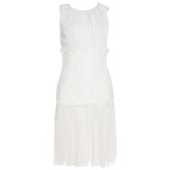 Oscar de la Renta White Chiffon and Tweed Lace Applique Sleeveless Dress S