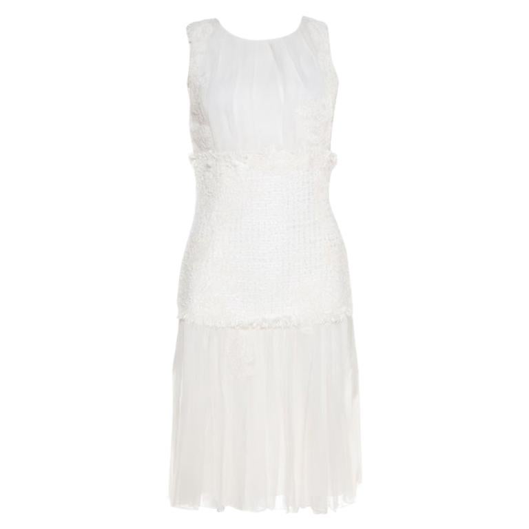 Oscar de la Renta White Chiffon and Tweed Lace Applique Sleeveless Dress S