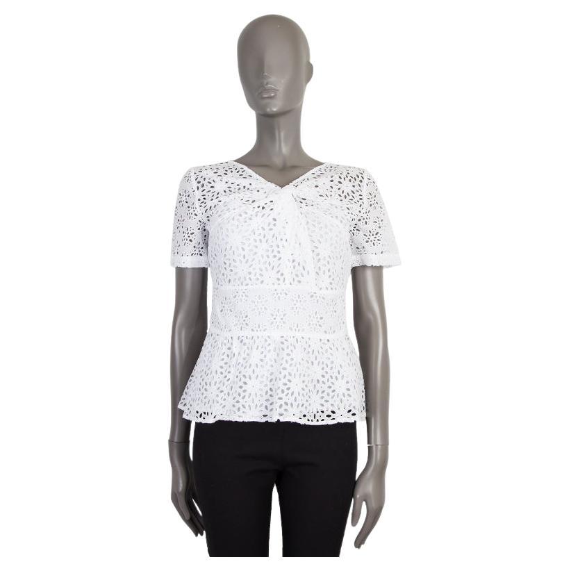 OSCAR DE LA RENTA white cotton BRODERIE ANGLAISE Short Sleeve Blouse Shirt 2 XS