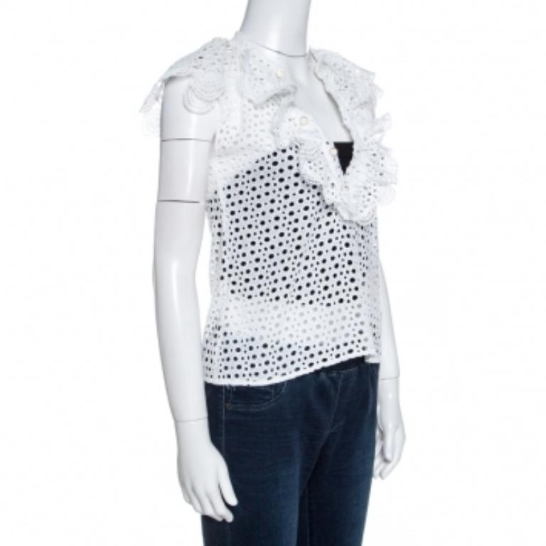 Oscar de la Renta White Eyelet Lace Ruffle Detail Top M in vendita 1