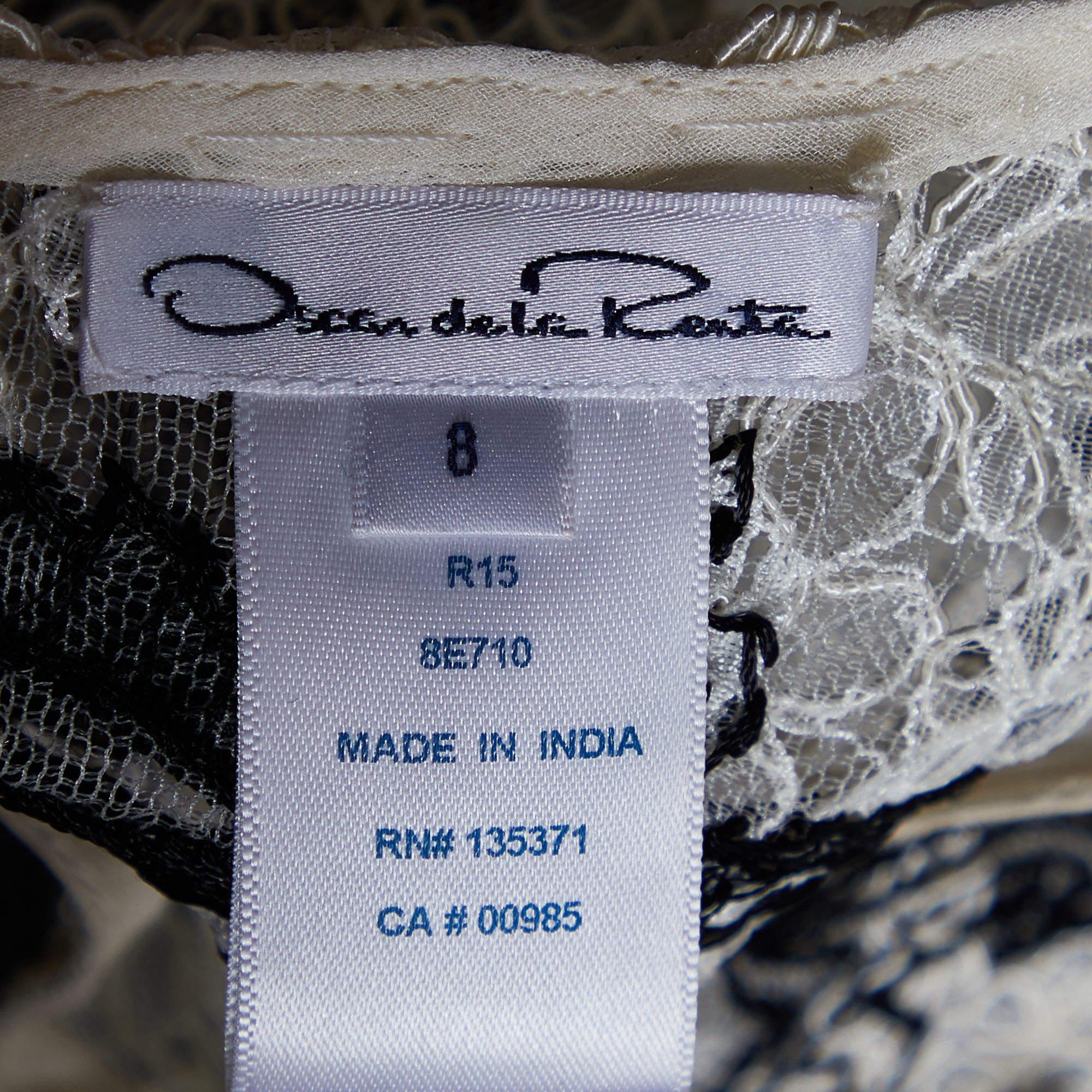 Oscar de la Renta White Lace Contrast Embroidery High Low Hem Top M In Good Condition For Sale In Dubai, Al Qouz 2