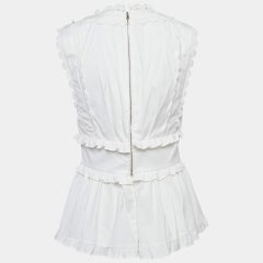 Oscar de la Renta White Lace Trim Cotton Ruffled Peplum Top M