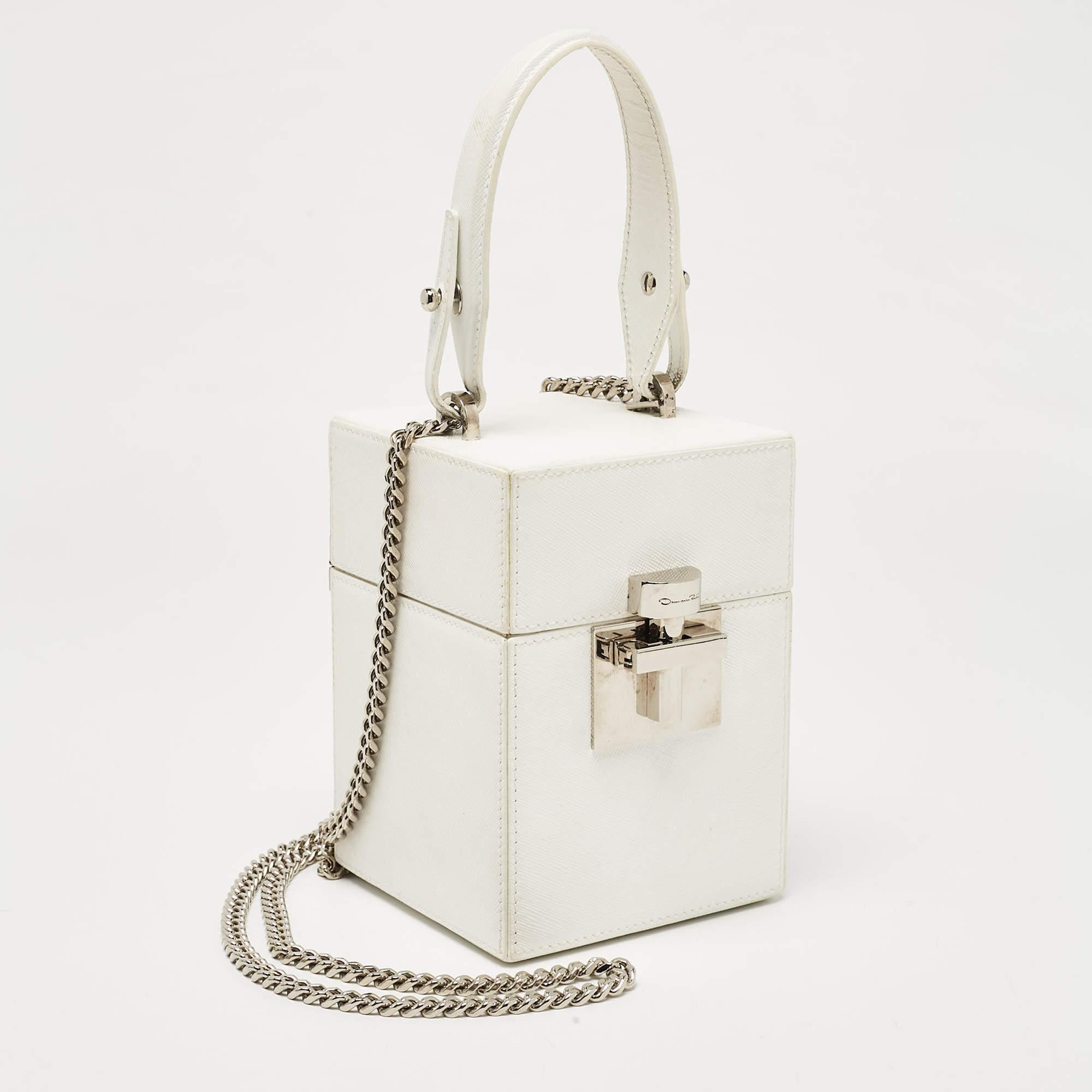 Oscar De La Renta White Leather Alibi Top Handle Box Bag In Good Condition In Dubai, Al Qouz 2