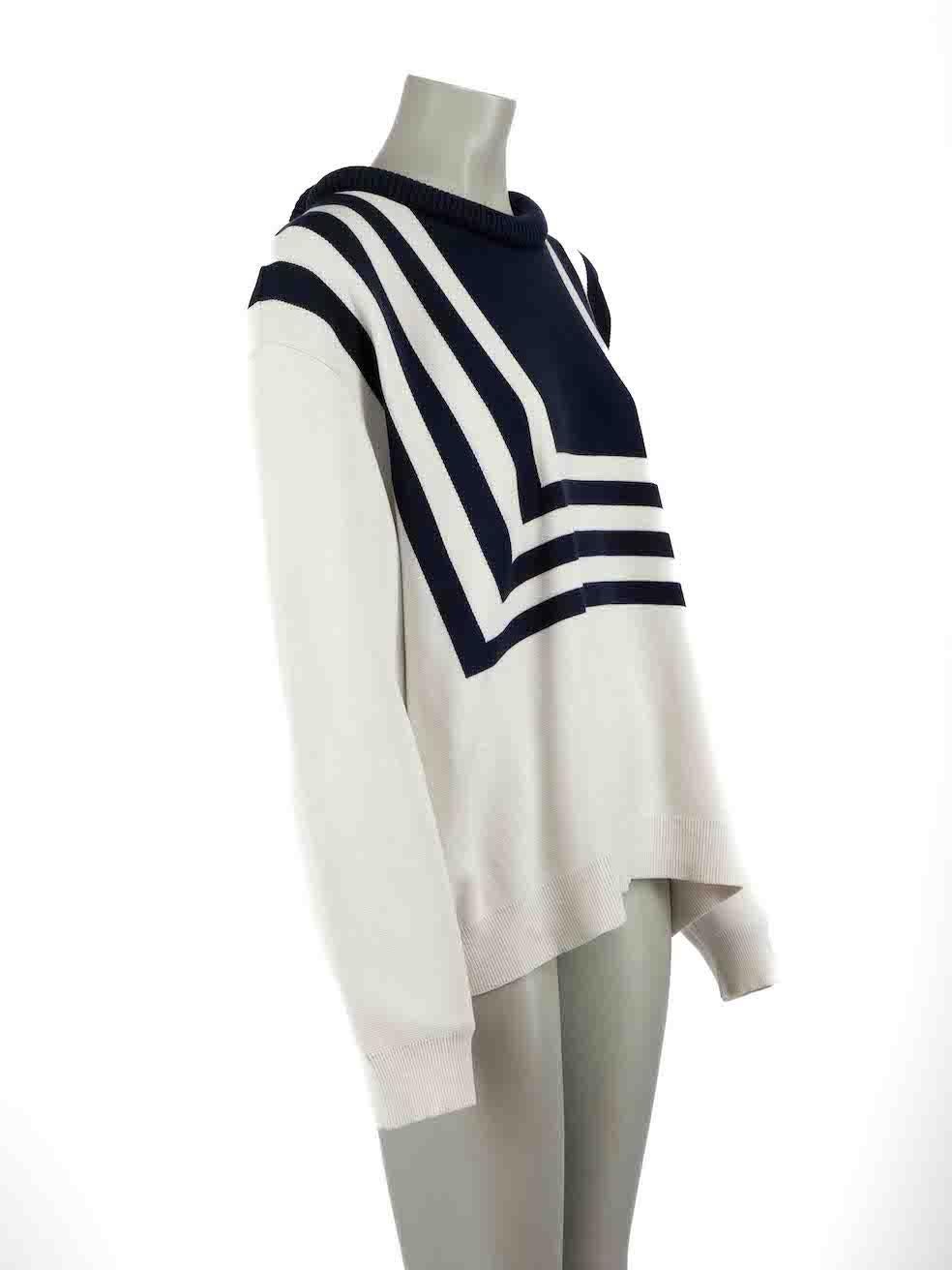 CONDITION is Good. General wear to jumper is evident. Moderate signs of wear to the front and both sleeves with discoloured marks on this used Oscar de la Renta designer resale item.
 
 Details
 White and navy
 Cotton
 Knitted jumper
 Round