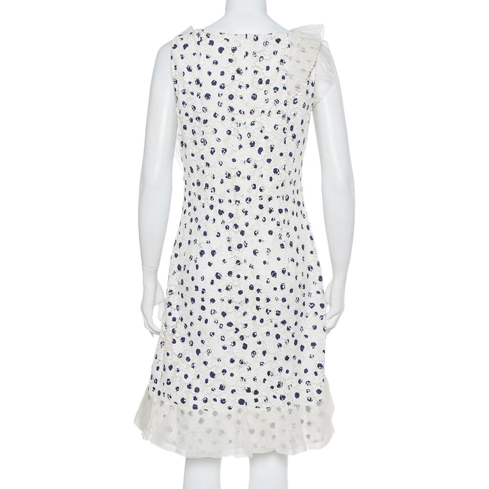 Gray Oscar de la Renta White Painted Effect Lace Ruffle Detail Short Dress M For Sale