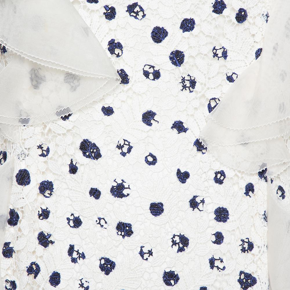 Women's Oscar de la Renta White Painted Effect Lace Ruffle Detail Short Dress M For Sale