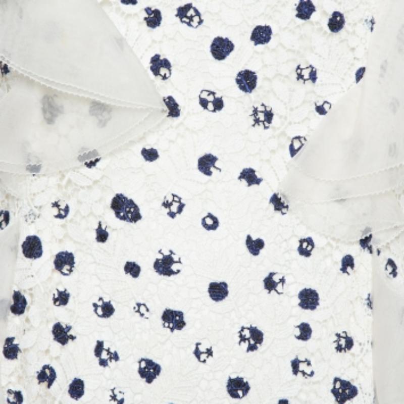 Oscar de la Renta White Painted Effect Lace Ruffle Detail Short Dress M For Sale 1