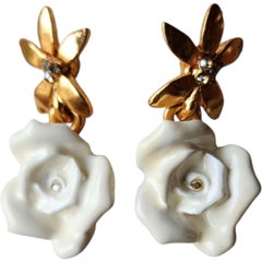 Oscar de la Renta White Resin Rose Drop Earrings Signed, Gold Blossom Design