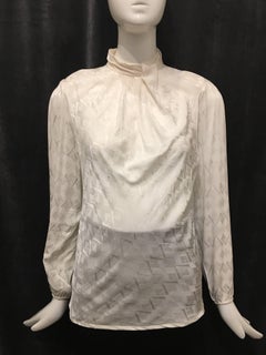 Oscar de la Renta White Silk Abstract Blouse, 1990s