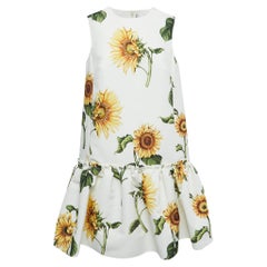 Oscar de la Renta White Sunflower Printed Faille Shift Dress 