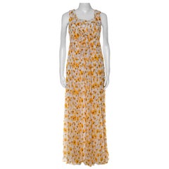 Oscar De La Renta White & Yellow Floral Print Frayed Neckline Sleeveless Dress M