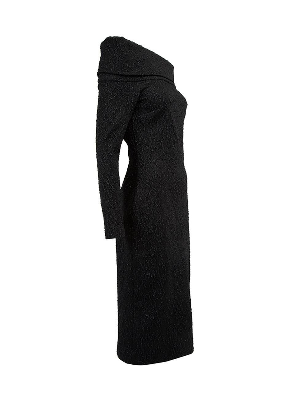 CONDITION is Never worn, with tags. No visible wear to dress is evident to this new Oscar De La Renta designer resale item.  Details  Black Synthetic Off the shoulder dress Textured Midi length Long sleeves Back zip closure Fully lined with silk  