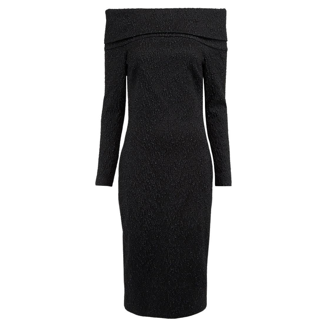 Oscar de la Renta - Robe noire texturée à manches longues et épaules dénudées pour femme en vente