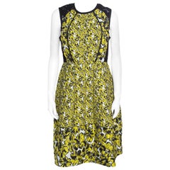 Oscar de la Renta Yellow and Black Embossed Floral Jacquard Lace Detail Dress L