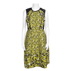Oscar de la Renta Yellow and Black Embossed Floral Jacquard Lace Detail Dress L