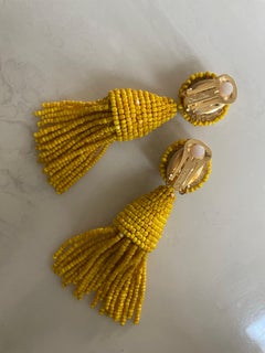 Oscar de la Renta Yellow Beaded Tassel Clip-On Earrings