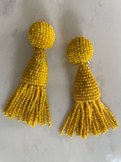 Oscar de la Renta Yellow Beaded Tassel Clip-On Earrings