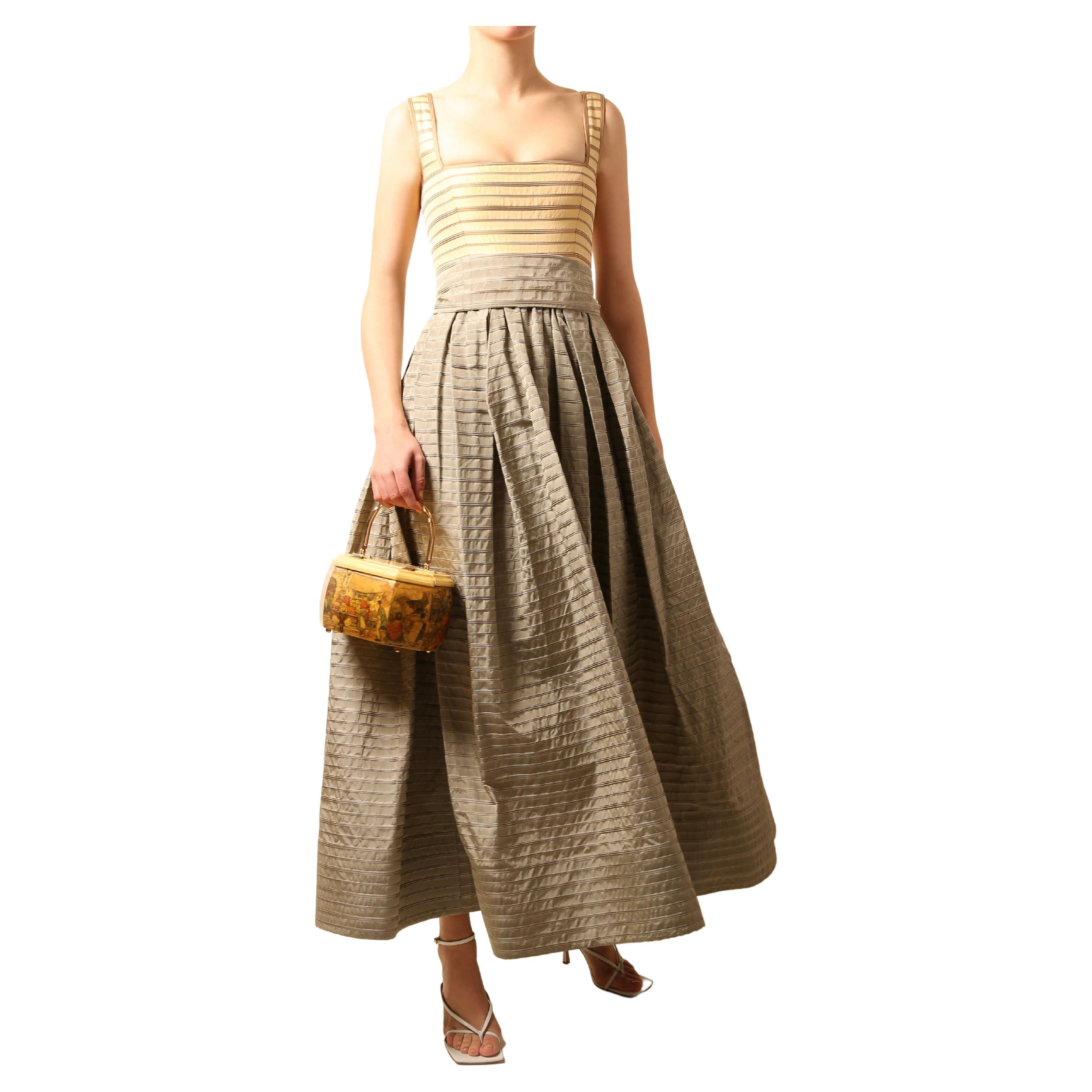 Oscar de la Renta yellow grey vintage stripe bustier corset maxi dress ball gown