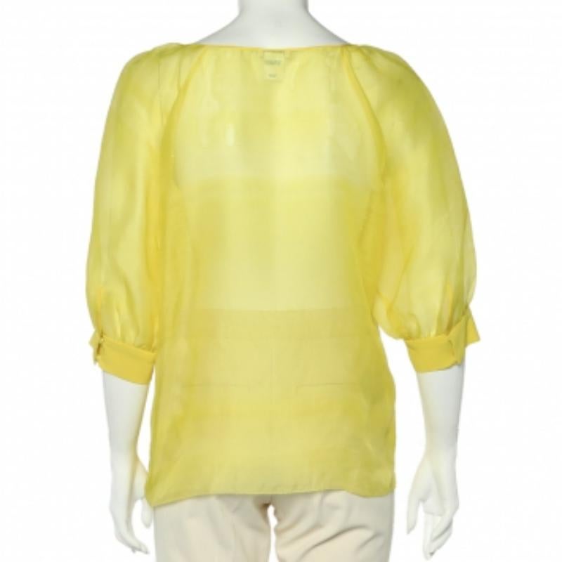 Oscar De La Renta Yellow Silk Organza Ruffle Detail Sheer Top L For Sale 2