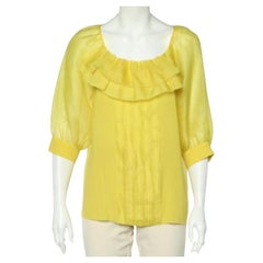 Oscar De La Renta Yellow Silk Organza Ruffle Detail Sheer Top L